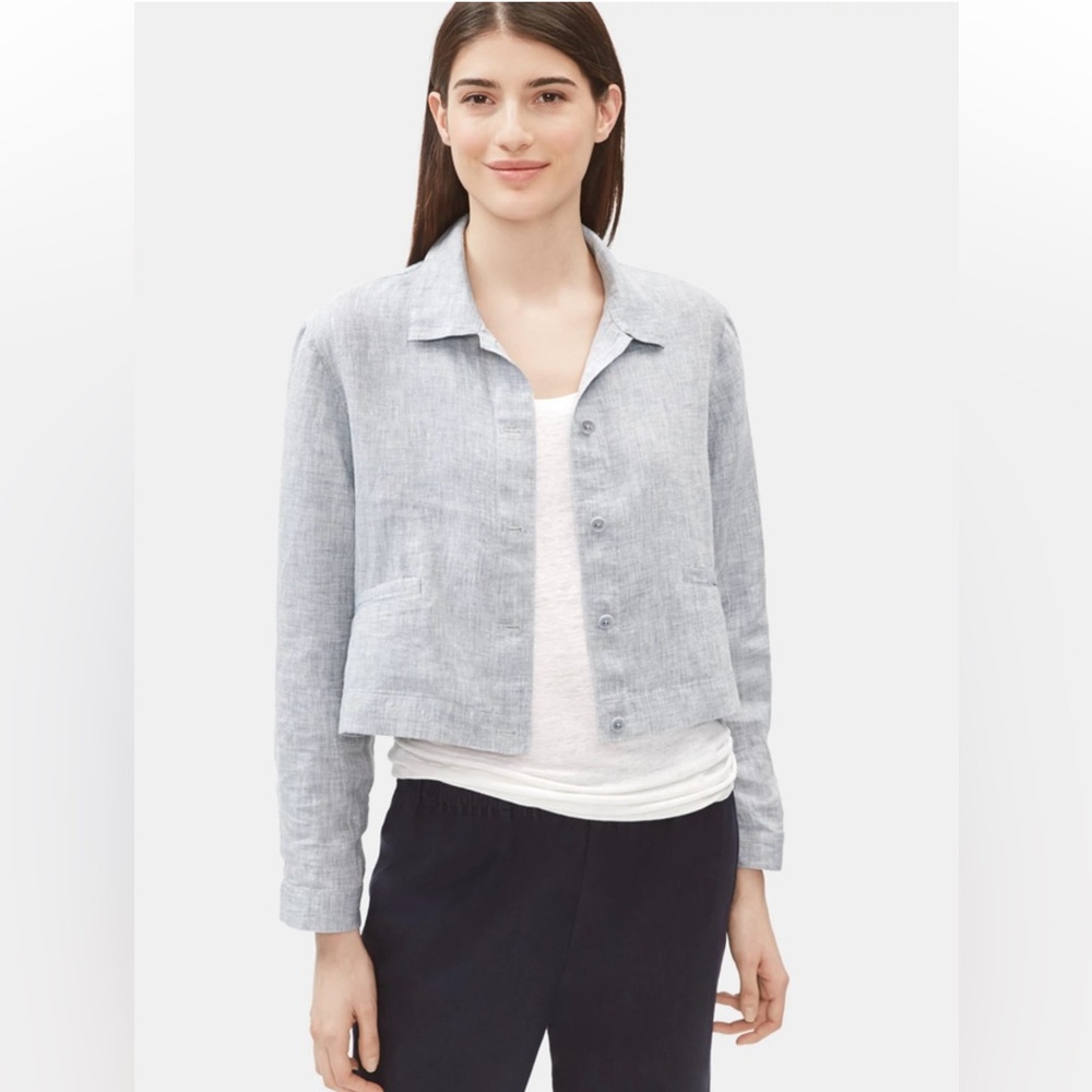 Eileen Fisher Yarn-Dyed Chambray Organic Linen Cropped Jacket Size XXS